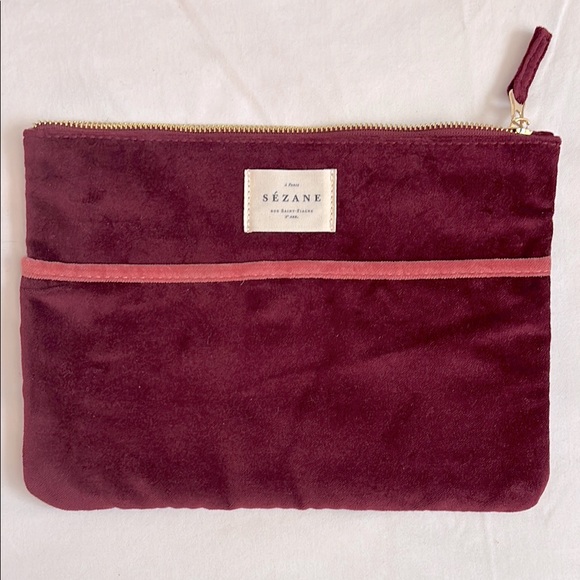 Sézane burgundy cotton velour zip pouch with exterior pockets